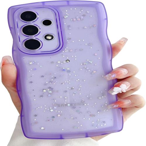 QLTYPRI Galaxy A53 5G ケース クリア TPU カバー ウェーブ おしゃれ 韓国 可愛い ウェーブ グリッター 透明 薄型 軽量 耐衝撃 滑り止め (SC-53C / SCG15) スマホケース ワイヤレス充電対応 ストラップホール付き ギャラクシーA53 ケース 6.5インチ 対応 - パープル