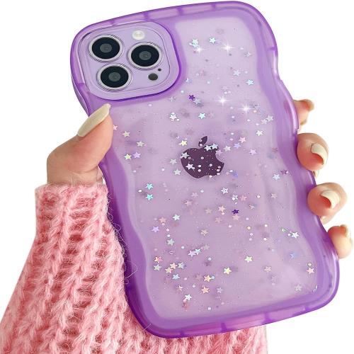 QLTYPRI iPhone 15 Proケース クリア TPU カバー ウェーブ おしゃれ 韓国 可愛い グリッター 透明 薄型 軽量 耐衝撃 滑り止め スマホケース ワイヤレス充電対応 ストラップホール付き アイフォン 15 Pro ケース 6.1インチ 対応 - パープル