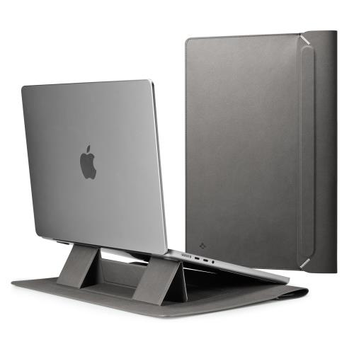 [Spigen] ラップトップ スリーブ バッグ 折りたたみ式スタンド MacBook Pro 対応、内蔵磁気フラップ レザー ラップトップ ケース ラップトップ ポーチ バッグ AFA06421 (グレー)