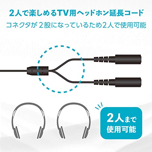 エレコム テレビ用ヘッドホン延長ケーブル 2分配 ボリューム調節機能付 5m ブラッ...