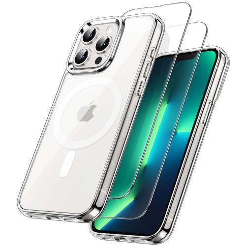 JETech 3 in 1 iPhone 13 Pro 6.1 インチ用 マグネット ケース 2枚強化ガラスフィルム付き MagSafe対応 耐衝撃バンパー スマホカバー (クリア)
