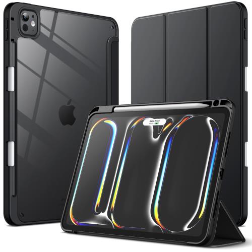 JEDirect iPad Pro 11インチ M4（2024）用ケース Pencilホルダー付き 透明バックカバー スリムスタンド 衝撃吸収 タブレットカバー オートウェイク/スリープ機能 (ブラック)