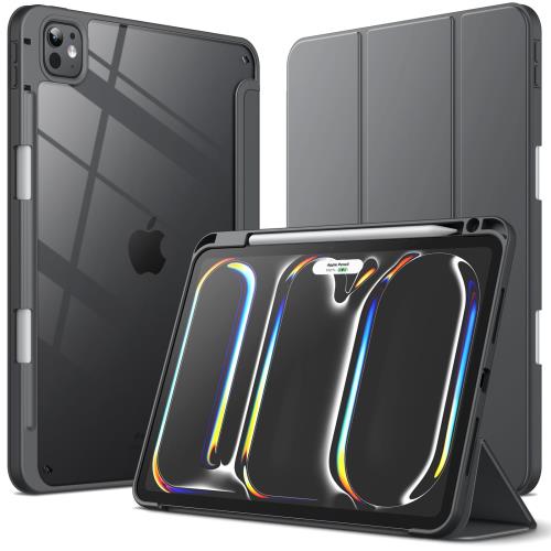 JEDirect iPad Pro 11インチ M4（2024）用ケース Pencilホルダー付き 透明バックカバー スリムスタンド 衝撃吸収 タブレットカバー オートウェイク/スリープ機能 (スペースグレイ)