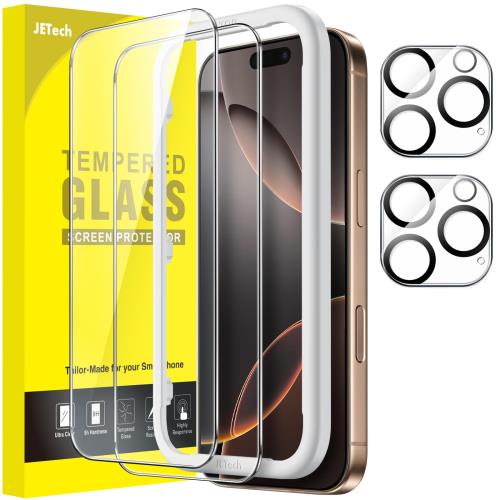 JETech iPhone 16 Pro Max 6.9インチ用 液晶保護フィルム+カメラレンズフィルム ガイド枠付き 強化ガラス製 HDクリア 2枚+2枚セット