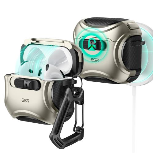 ESR AirPods 4 ケース(HaloLock) AirPods 第4世代 ケース(2024) (USB-C) 対応 MagSafe 対応 落下防止ロック イージーオープン Cyberシリーズ チタニウム色
