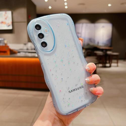 QLTYPRI Galaxy A54 5G ケース クリア TPU カバー ウェーブ おしゃれ 韓国 可愛い ウェーブ グリッター 透明 薄型 軽量 耐衝撃 滑り止め (SC-53D / SCG21) スマホケース ワイヤレス充電対応 ストラップホール付き ギャラクシーA54 ケース 6.4インチ 対応 - ブルー