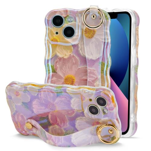 QLTYPRI iPhone 15 用 ケース TPUカバー ウェーブ おしゃれ 韓国 可愛い 花柄 薄型 軽量 耐衝撃 スマホケース ハンドベルト付き カラビナリング付き スタンド機能 ワイヤレス充電対応 ストラップホール付き アイフォン15 ケース 6.1インチ 対応 - ピンク