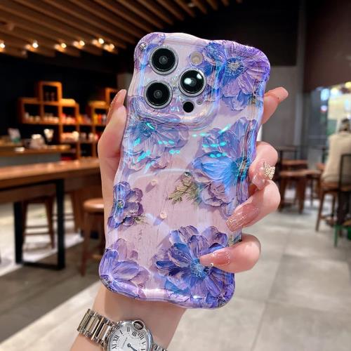 QLTYPRI iPhone 16 Pro Max ケース TPUカバー おしゃれ 韓国 可愛い 花柄 薄型 軽量 耐衝撃 スマホケース ワイヤレス充電対応 ストラップホール付き アイフォン16 Pro Max ケース 6.9インチ 対応 - パープル