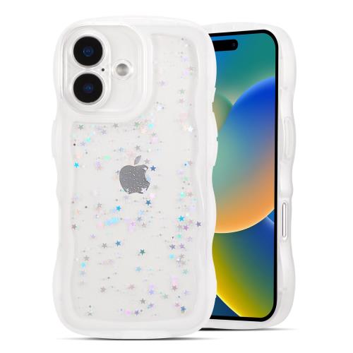 QLTYPRI iPhone 16 ケース クリア TPU カバー ウェーブ おしゃれ 韓国 可愛い グリッター 透明 軽量 耐衝撃 滑り止め スマホケース ワイヤレス充電対応 ストラップホール付き アイフォン16 ケース 6.1インチ 対応 - クリア