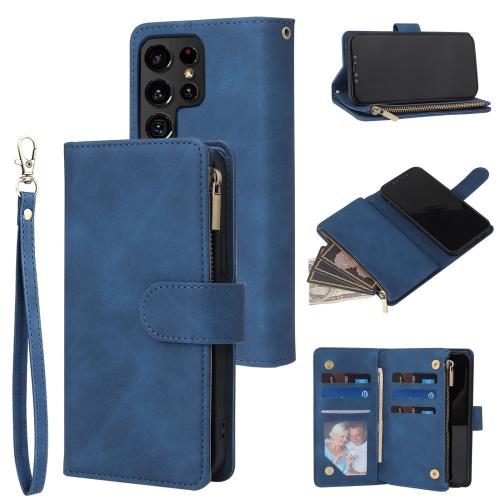 QLTYPRI Samsung Galaxy S22 Ultra 5G ケース SC-52C SCG14 用 ギャラクシーS22 Ultra 用 ケース 財布型 手帳型 レザー 6枚カード入れ 便利 実用 ファスナー 保護ケース ストラップ付き 落下防止 ベルト式 ポーチ型 軽量 耐汚れ 耐衝撃 携帯カバー - ブルー