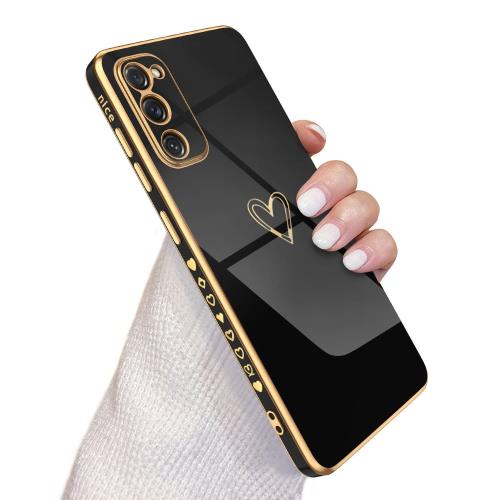 QLTYPRI Samsung Galaxy S20 FE 5G ケース かわいい メッキラブハートソフト TPU カバー 女性 人気 軽量 スマホケース レンズ保護 落下防止 カバー ワイヤレス充電対応 ケースギャラクシーS20 FE用カバー 6.5インチ 対応 - ブラック