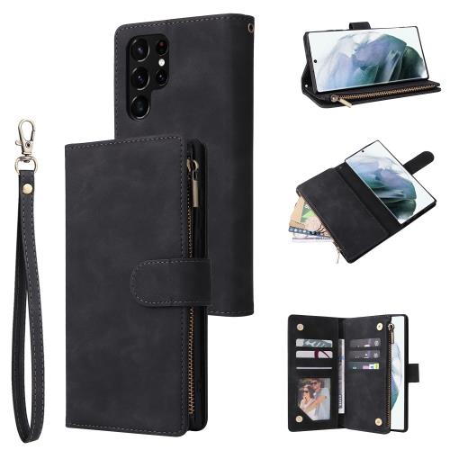 QLTYPRI Samsung Galaxy S23 Ultra 5G ケース ギャラクシーS23 Ultra 用 ケース 財布型 手帳型 レザー 6枚カード入れ 便利 実用 ファスナー 保護ケース ストラップ付き 落下防止 ベルト式 ポーチ型 軽量 耐汚れ 耐衝撃 携帯カバー - ブラック