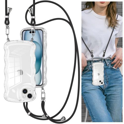 QLTYPRI ケース iPhone SE 第3世代 用/iPhone SE2 / iPhone8 / iPhone7 用ケース クリア TPUカバー 調節可能な ショルダー 肩がけ 首掛け 紐付き 斜めがけ ウェーブ ・
