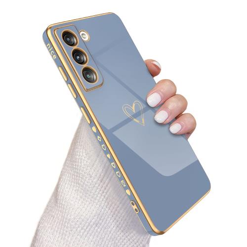 QLTYPRI Samsung Galaxy S21 5G ケース  ケース かわいい メッキラブハートソフト TPU カバー 女性 人気 軽量 スマホケース レンズ保護 落下防止 カバー Qi ワイヤレス充電対応 ケースギャラクシーS21用カバー - グレーブルー