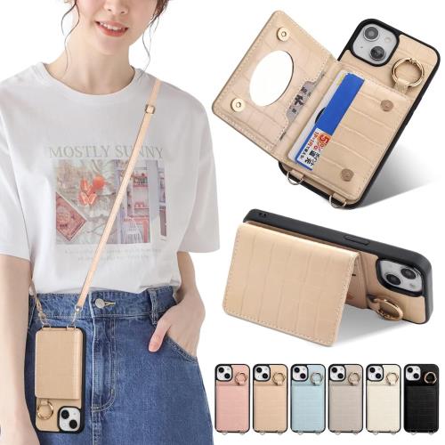 Sences iPhone SE[第2世代] スマホケース iPhone [第3世代] ケース 手帳型 ショルダー クロコ風型押し アイフォン 8 スマホケース 手帳型 カード収納 iPhone 7 携帯ケース 手帳型 肩掛け 斜めかけ ストラップ付き アイフォン 6 ケース カード入れ 背面収納 鏡付き（iPhone SE