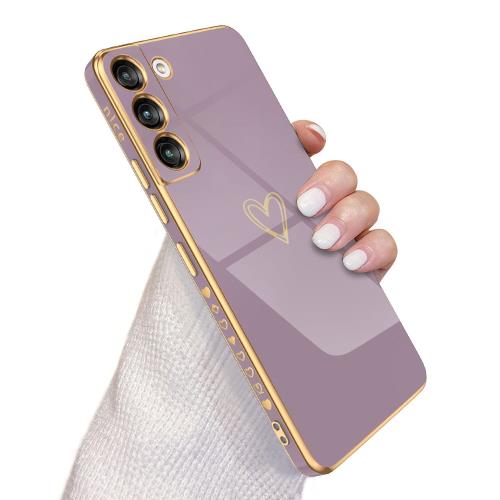 QLTYPRI Samsung Galaxy S22 5G ケース ケース かわいい メッキラブハートソフト TPU カバー 女性 人気 軽量 スマホケース レンズ保護 落下防止 カバー Qi ワイヤレス充電対応 ケースギャラクシーS22用カバー - パープル