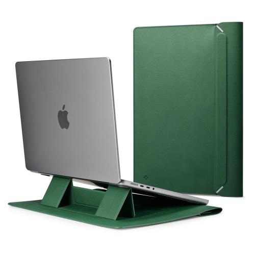 Spigen ラップトップ スリーブ バッグ 折りたたみ式スタンド MacBook Pro 対応、内蔵磁気フラップ レザー ラップトップ ケース ラップトップ ポーチ バッグ AFA06426 (グリーン)