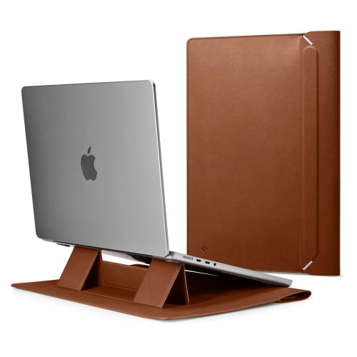 [Spigen] ラップトップ スリーブ バッグ 折りたたみ式スタンド MacBook Pro 対応、内蔵磁気フラップ レザー ラップトップ ケース ラップトップ ポーチ バッグ AFA06422 (ブラウン)