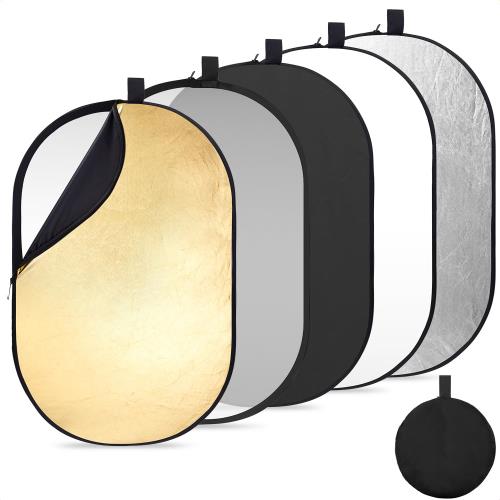 KF Concept レフ板 撮影用 四角 60x90cm 反射板 楕円型 撮影用リフレクター 折り畳み式 コンパクト 1枚5役 半透明 黒 白 金 銀 補光/吸光 ポートレート撮影/ブツ撮影用 収納ポーチ付き