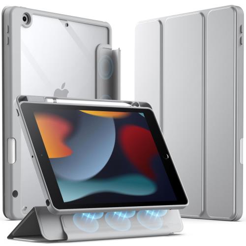 JEDirect 着脱式ケース iPad 9/8/7用 (10.2インチ、2021/2020/2019モデル、第9/8/7世代) Pencilホルダー付き 取り外し可能な磁気カバー 三つ折りスタンド クリアバック 自動ウェイク/スリープ (シルバー)