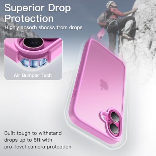 JETech iPhone 16 Plus 6.7インチ用 マットケース 耐衝撃性ミリタリーグレードの落下保護 つや消しの半透明背面 スマホカバー 指紋防止 (ピンク)