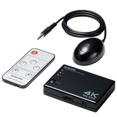 エレコム HDMI切替器 4K60Hz対応 3ポート 3入力1出力 専用リモコン付 PS5 / PS4 / Nintendo Switch 専用ACアダプター付き 分離型リモコン受光部タイプ ブラック DH-SW4KA31BK