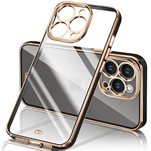 iPhone14 Pro ケース クリア 透明 アイフォン14Pro カバー メッキ加工 TPU 耐衝撃 ソフト 薄型 軽量 ストラップホール付き 落下防止 ワイヤレス充電(ブラック)