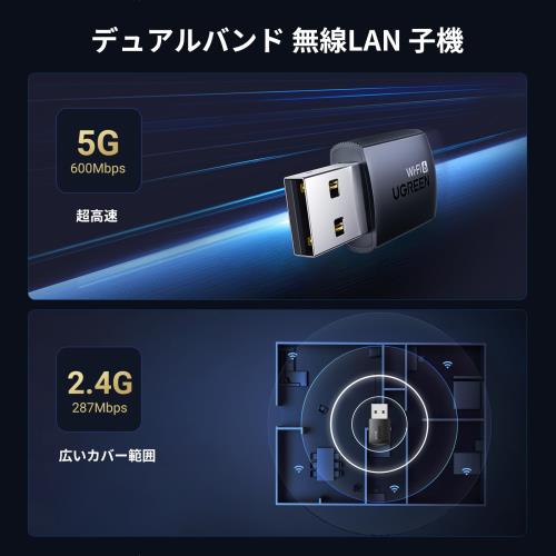 UGREEN WIFI ̵��LAN �ҵ� WIFI 6 USB�����ץ� AX900 600Mbps + 287Mbps Windows 11/10/8.1/8/7�б� 5GHz/2.4GHz �ǥ奢��Х�� 802.11a/b/g/n/ac/ax̵������ SoftAP��ǽ���б� �ɥ饤�С���¢ ��ñ���� WIFI �ҵ�