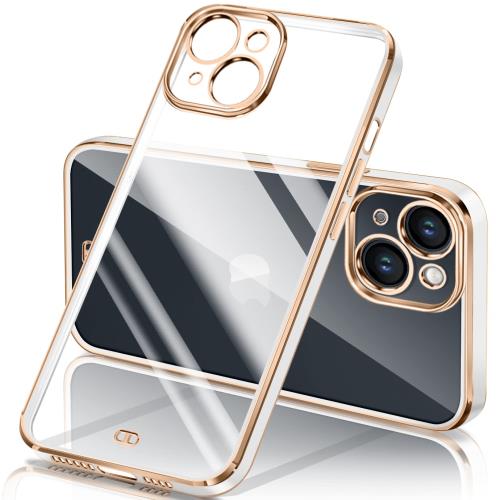 iPhone14 ケース クリア 透明 アイフォン14 カバー メッキ加工 耐衝撃 TPU ソフト 薄型 軽量 ストラップホール付き 落下防止 ワイヤレス充電(ホワイト)