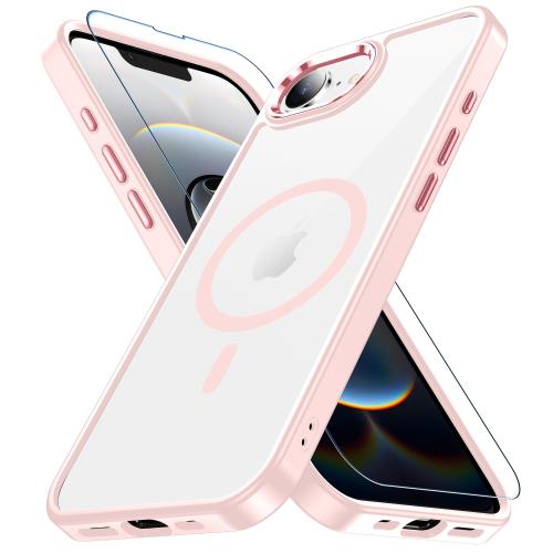 iPhone 16e ケース ピンク Magsafe対応・米軍規格 ガラスフィルム付き アイフォン16eケース 透明 耐衝撃 黄変防止 レンズ保護 ストラップホール付き いphone16e ケース ワイヤレス充電対応 あいふぉん16eケース SGS認証 PC背面 スマホケース アイホン16e カバー 6.1インチ go