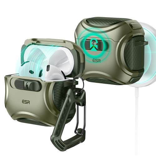 ESR AirPods 4 ケース(HaloLock) AirPods 第4世代 ケース(2024) (USB-C) 対応 MagSafe 対応 落下防止ロック イージーオープン Cyberシリーズ オリーブグリーン