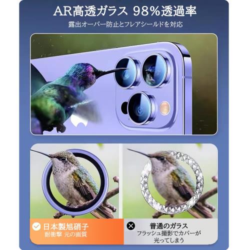 iPhone 14 Pro/14 Pro Max//16 Pro/16 Pro Maxカメラフィルム アルミ合金製＋9H硬度ガラス レンズフィルム Apapeyaレンズカバー アイフォン14プロ/14プロ マックス レンズ保護ケース ・露出オーバー防止・ケースに干?なし・AR高透ガラス・アルミ製衝撃吸収・一体感 3枚入り（