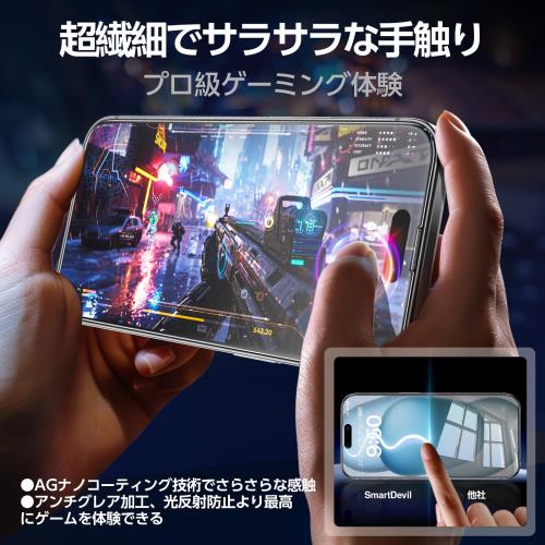 「画期的なガイド枠」SmartDevil iPhone 15 Plus 用 アンチグレア ガラスフィルム 非光沢 耐衝撃 全面保護フィルム 極細黒縁有り 反射防止 遮光 サラサラな手触り 米・