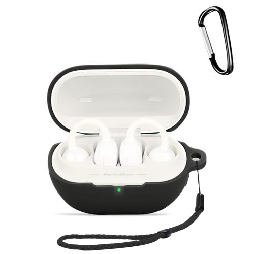 For SOUNDPEATS UU イヤホン 用 ケース シリコン保護ケースHUKWIMOカラビナ付き+ストラップ 可視LEDライト ワイヤレス充電対応 全面保護 耐衝撃性 防水 防塵 軽量 キズ防止 落下防止保護 [ブラック 黒]