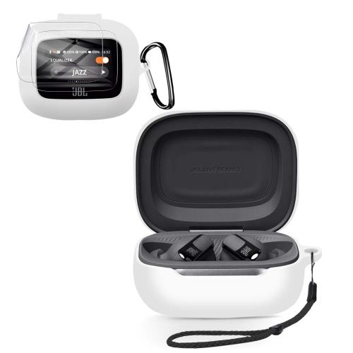 For JBl Live Buds 3 / Live Beam 3 イヤホン 用 ケース シリコン保護ケースHUKWIMOカラビナ付き+ストラップ 可視LEDライト ワイヤレス充電対応 全面保護 耐衝撃性 防水 防塵 軽量 キズ防止 落下防止保護 [ホワイト 白]