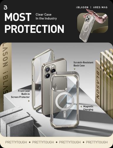 i-BLASON iPhone 15 Pro max 用 ケース マグネット搭載 背面透明 磁気ケース 2023 液晶保護フィルム付き 全面保護 MagSafe対応 米国軍事規格取得 360°保護 耐衝撃 防塵 衝撃吸収 耐久性 密着 ケーブル充電可能 背面クリア カバー AresMagシリーズ 3