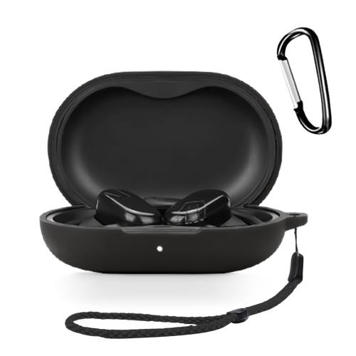 For SOUNDPEATS(サウンドピーツ) Breezyイヤホン 用 ケース シリコン保護ケースHUKWIMOカラビナ付き+ストラップ 可視LEDライト ワイヤレス充電対応 全面保護 耐衝撃性 防水 防塵 軽量 キズ防止 落下防止保護 [ブラック 黒]