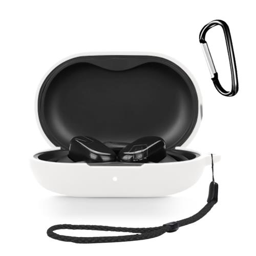 For SOUNDPEATS(サウンドピーツ) Breezyイヤホン 用 ケース シリコン保護ケースHUKWIMOカラビナ付き+ストラップ 可視LEDライト ワイヤレス充電対応 全面保護 耐衝撃性 防水 防塵 軽量 キズ防止 落下防止保護 [ホワイト 白]