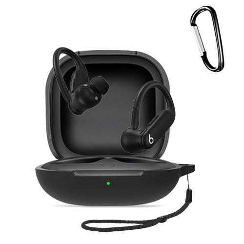 For Powerbeats Pro 2 イヤホン 用 ケース シリコン保護ケースHUKWIMOカラビナ付き+ストラップ 可視LEDライト ワイヤレス充電対応 全面保護 耐衝撃性 防水 防塵 軽量 キズ防止 落下防止保護 [ブラック 黒]