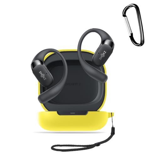 For SHOKZ OpenFit 2 イヤホン 用 ケース シリコン保護ケースHUKWIMOカラビナ付き+ストラップ 可視LEDライト ワイヤレス充電対応 全面保護 耐衝撃性 防水 防塵 軽量 キズ防止 落下防止保護 [イエロー 黄](2)