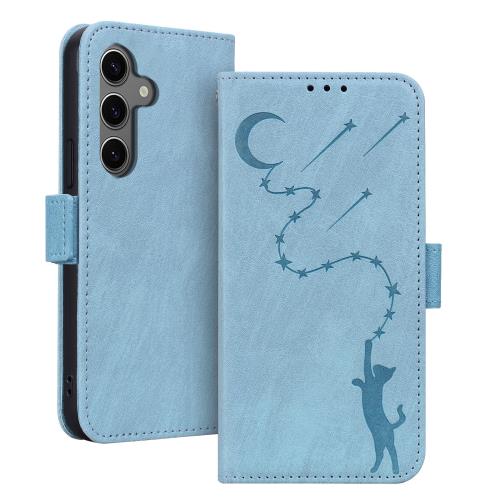 Samsung Galaxy S25 Plus ケース ギャラクシーs25 プラス ケース 手帳型 スタンド機能 マグネット カード収納 galaxy s25 plus ケース 人気 おしゃれ 耐衝撃 全面保護 ONETHEFUL S25 Plus ケース 手帳型 月と流れ星 可愛い 猫柄 柔らかいTPU スマホ 落下防止 - アイスブルー