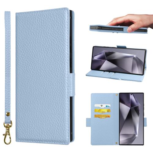 NanHou Samsung Galaxy S25 Ultra ケース 手帳型 超繊皮カバー 手帳型 耐衝撃 保護カバー RFIDト 財布型 じきボタン 携帯カバー カードポケット スタンド機能 リストバンド Samsung S25 Ultra 手帳型 - ライトブルー