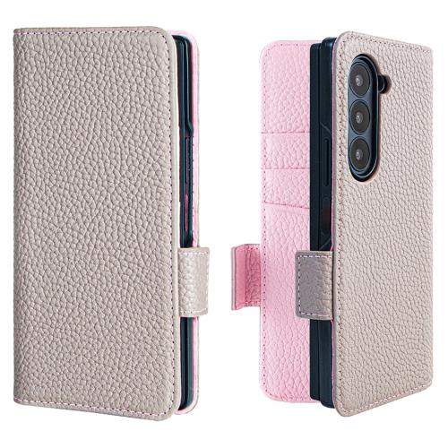 Galaxy Z Fold6 ケース 本革 手帳型 カバー 耐衝撃 保護 カバー 本革 内蔵マグネッ RFIDト 財布型 Fold 6 5G 携帯カバー カードポケット スタンド機能 NanHou - グレー/ピンク