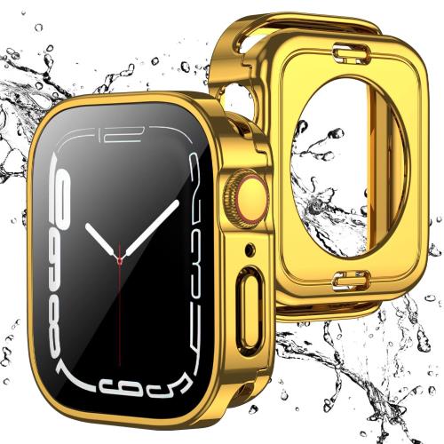 2 in 1 全面保護Apple Watch 用 防水ケース 46mm アップルウォッチ カバー 直角エッジデザイン 保護 アップルウォッチ Series 10 カバー ガラスフィルム 一体型 二重構造 PC環保素材 一体型カバー背面カバー 装着簡単 脱落しやすい iwatch (46mm, ゴールド)