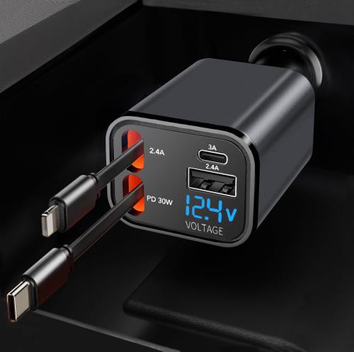 2025小型設計 CARXtruck 巻き取り式充電ケーブル 車 充電器 シガーソケット 4台同時充電可能 LED表示電圧 急速充電 スマホ iphone/iPad/Galaxy/AQUOS/Xperia対応 12V-24V車対応 カー用品 車用品 出張 旅行