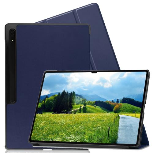 FOR Galaxy Tab S8 Ultra 14.6インチ 2022用の 三つ折ケース 手帳型 スマートケース マグネット内蔵 オートスリープ機能 FOR Galaxy Tab S8 Ultra 14.6インチ 2022 用の PUレザーカバー スタンド機能付き 衝撃吸収 軽量 薄型 全面保護 PCduoduo (ダークブルー)