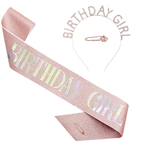 HUAZONTOM 誕生日 王冠 たすき ブローチ 3点セット 「BIRTHDAY GIRL」 パーティーグッズ 誕生日カチューシャ ティアラ パーティーハット バースデー 飾り 女の子 ローズゴールド 「誕生日ガール」
