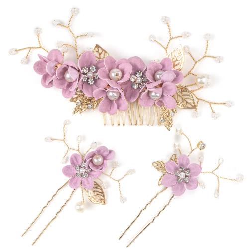 HUAZONTOM 髪飾り ヘアアクセサリー ヘッドドレス パール 花 和装髪飾り 浴衣 和装小物 かんざし 3点セット ピン コーム ウェディング 成人式 卒業式 結婚式 おしゃれ (紫)