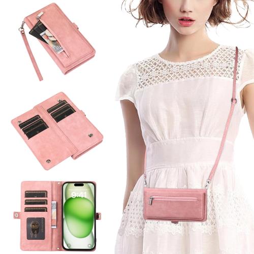 Gedurya iPhone 11 ケース 手帳型 ショルダー いphone11 ケース 肩掛け iPhone11 スマホケース 首掛け 斜め掛け アイフォン11 携帯カバー スタンド機能 ファスナー型 小銭入れ 9枚カード収納 財布付き 多機能な収納スペース 同色同素材のストラップ(長+短) - ピンク(2)