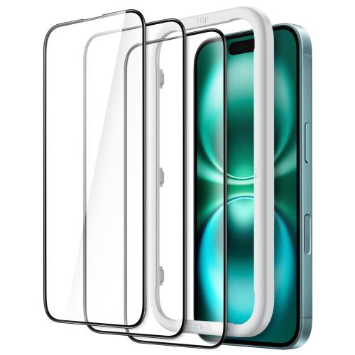 JETech iPhone 16 6.1インチ用 全面保護フィルム 黒縁 強化ガラス製 ガイド枠付き ケースに干渉なし HDクリア 3枚セット